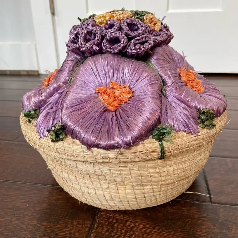 Vintage Straw Basket Raffia Flowers Covered Dome Lid Large Sewing Boho Grandma